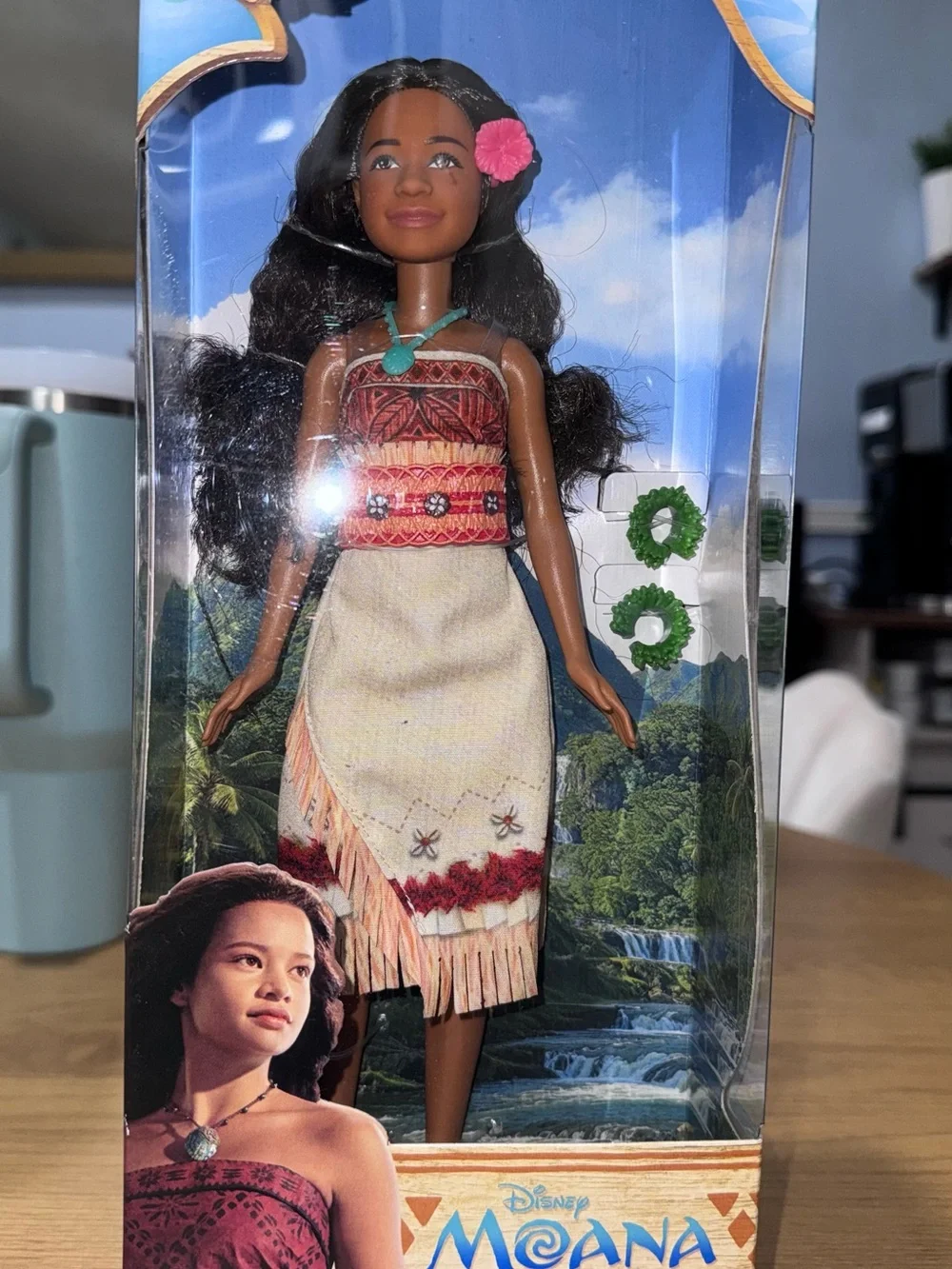 Disney Moana Doll with Pink Flower and Teal Necklace